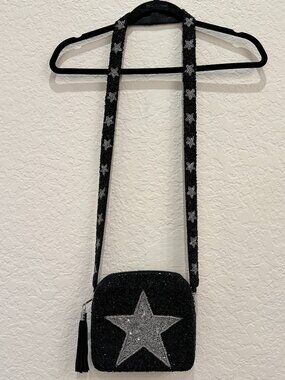 Tiana NY Black Silver Seed Bead Star Crossbody Bag Beaded Strap Tassel OS